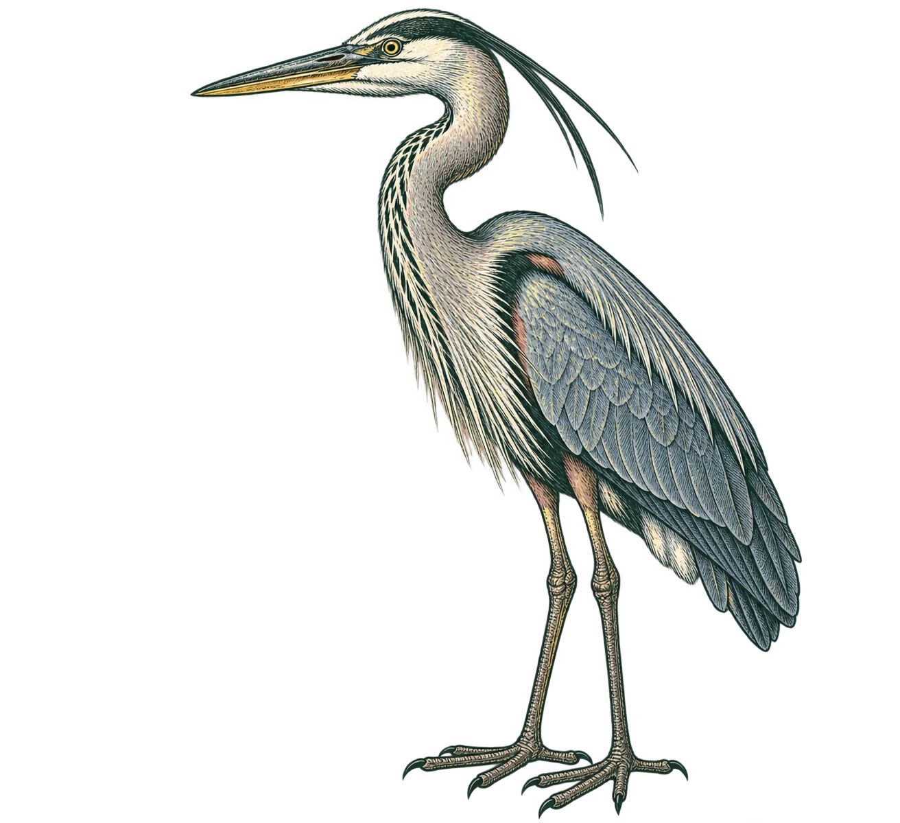 Engraved blue heron standing alert, with a small pixel-edged feather